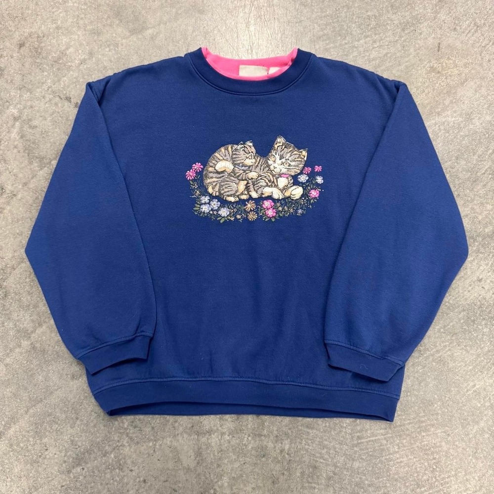 Vintage Cat Sweater Crewneck 90s Basic Edition Flower Girlie Cute Pullover Large